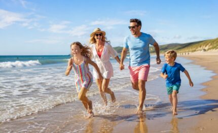 Family enjoying a sunny beach day, with gentle waves and scenic coastline, perfect for a relaxing seaside getaway.