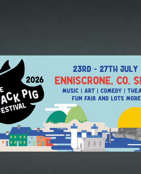 Colourful festival poster with vivid townscape, announcing The Black Pig Festival, 23rd-27th July, Enniscrone, Co. Sligo.