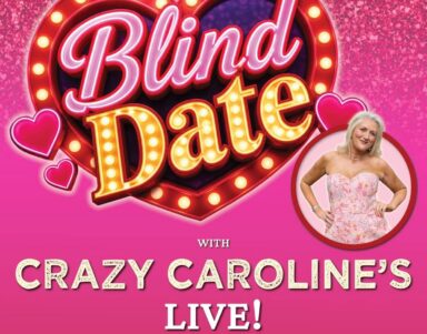 Glamorous Blind Date show poster featuring illuminated heart design and host in elegant attire, highlighting hotel’s entertainment.