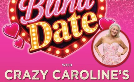 Glamorous Blind Date show poster featuring illuminated heart design and host in elegant attire, highlighting hotel’s entertainment.
