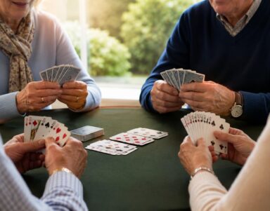 Guests enjoying a friendly card game in a cosy hotel lounge with garden views.