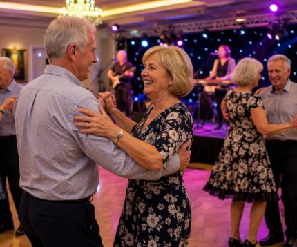 Guests enjoying an elegant ballroom dance with live band and ambient lighting at the luxurious hotel event space.