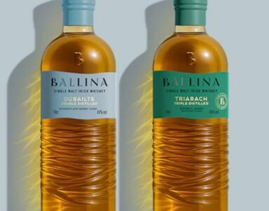 Two bottles of Ballina single malt whisky with elegant labels, perfect for a relaxing evening in the hotel lounge.