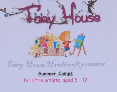 Bright sign for children's summer art camp, featuring colourful artwork and a playful fairy theme for ages 5-12.