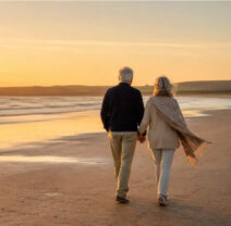 Elderly couple holding hands while strolling along a serene beach at sunset near luxury hotel.