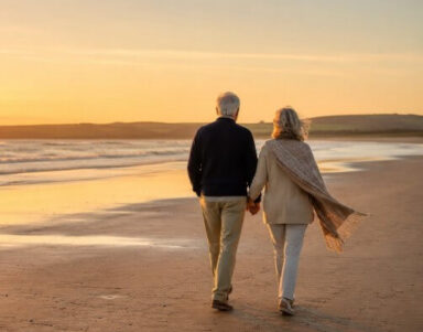 Elderly couple holding hands while strolling along a serene beach at sunset near luxury hotel.