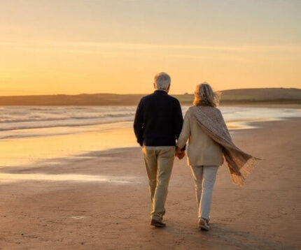 Elderly couple holding hands while strolling along a serene beach at sunset near luxury hotel.