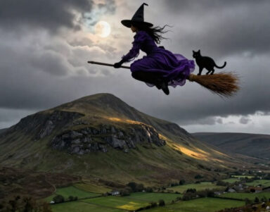 Enchanting witch flying over lush, moonlit hills with a black cat, evoking a magical and serene atmosphere.