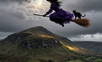 Enchanting witch flying over lush, moonlit hills with a black cat, evoking a magical and serene atmosphere.