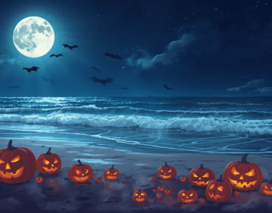 Stunning moonlit beach with jack-o'-lanterns and gentle waves, perfect for a picturesque Halloween getaway.