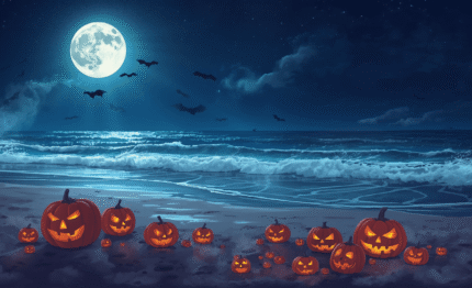 Stunning moonlit beach with jack-o'-lanterns and gentle waves, perfect for a picturesque Halloween getaway.