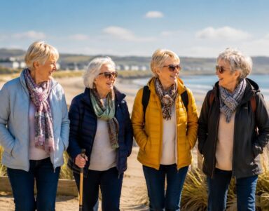 Four smiling senior women strolling on a sandy beach path, enjoying a sunny coastal holiday near the hotel.