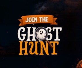 Join the ghost hunt event with a fun magnifying glass logo on a dark spooky background.
