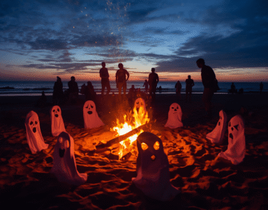 Guests enjoying a beach bonfire at sunset with a warm fire, silhouetted figures, and a stunning ocean view for a cosy retreat.