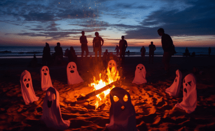 Guests enjoying a beach bonfire at sunset with a warm fire, silhouetted figures, and a stunning ocean view for a cosy retreat.