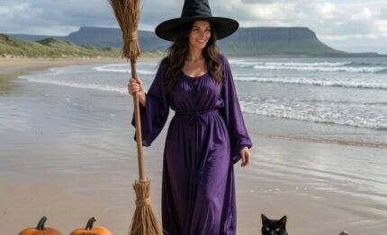 A woman in a purple witch costume walks along a beach with pumpkins and a black cat during a coastal Halloween event.