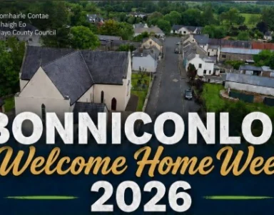 Quaint Bonniconlon village with lush greenery during Welcome Home Week 2026.