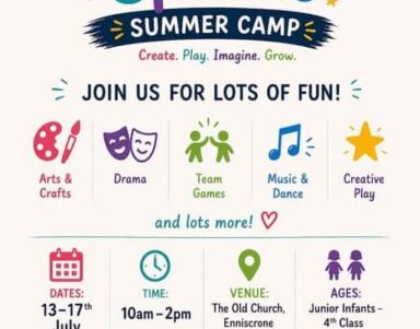 Colourful summer camp poster with activities like arts, games, and music for children aged 7-12 at The Old Church, Enniscorne.