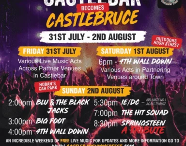 Guests enjoying live music fest with vibrant lights, featuring bands and local artists at Castlebar's outdoor event.