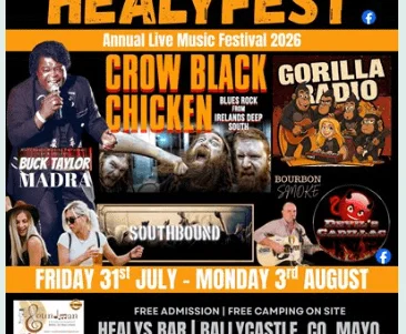 Guests enjoying vibrant live music festival with bands, on stage performances, and lively atmosphere at Healyfest 2026.