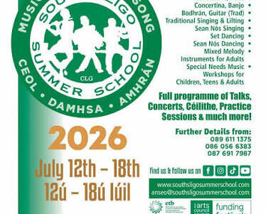 Bright poster with dates and details for the South Sligo Summer School featuring Irish music, dance, and cultural activities.